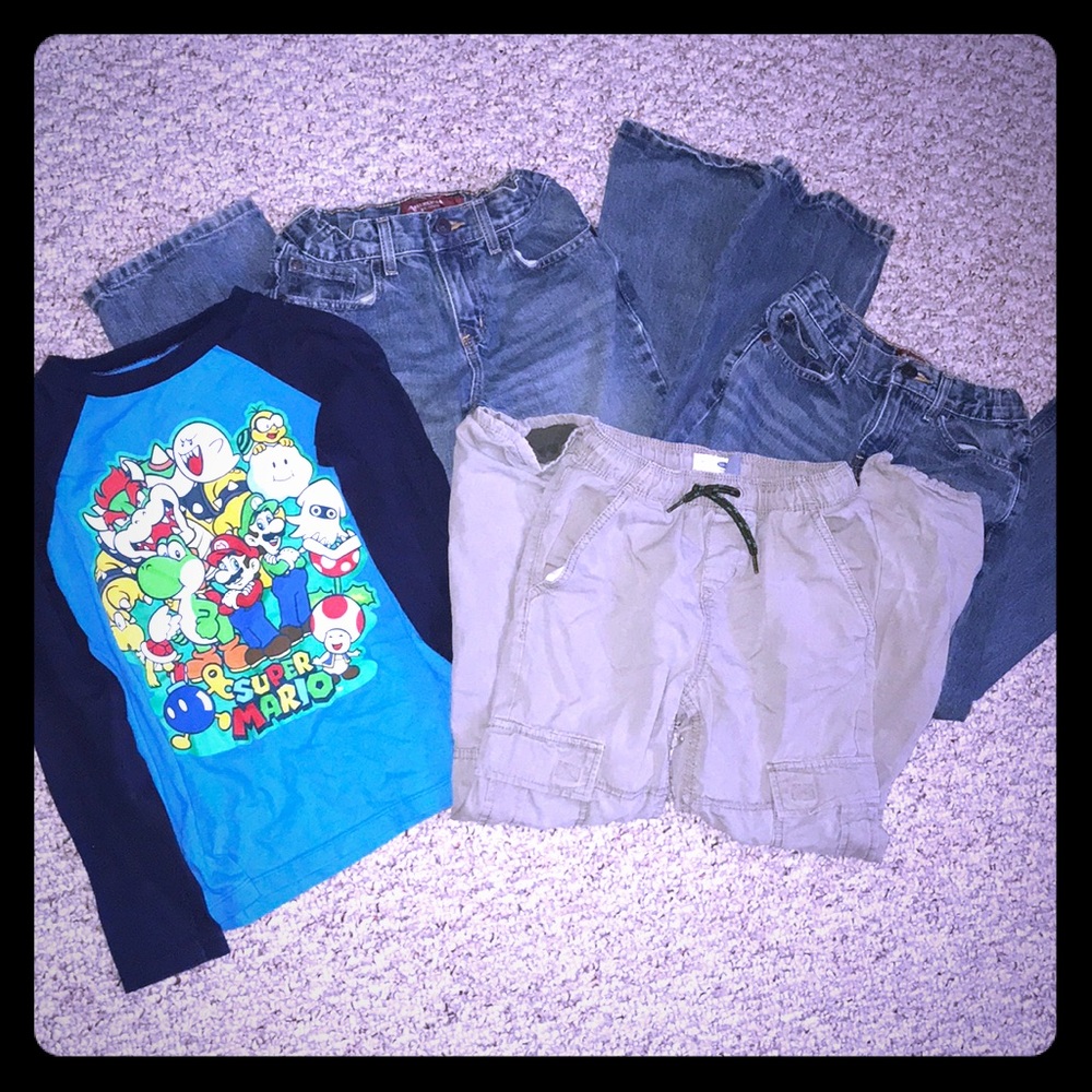 2 jeans 1 khaki drawstring pants kids 8, 1 shirt